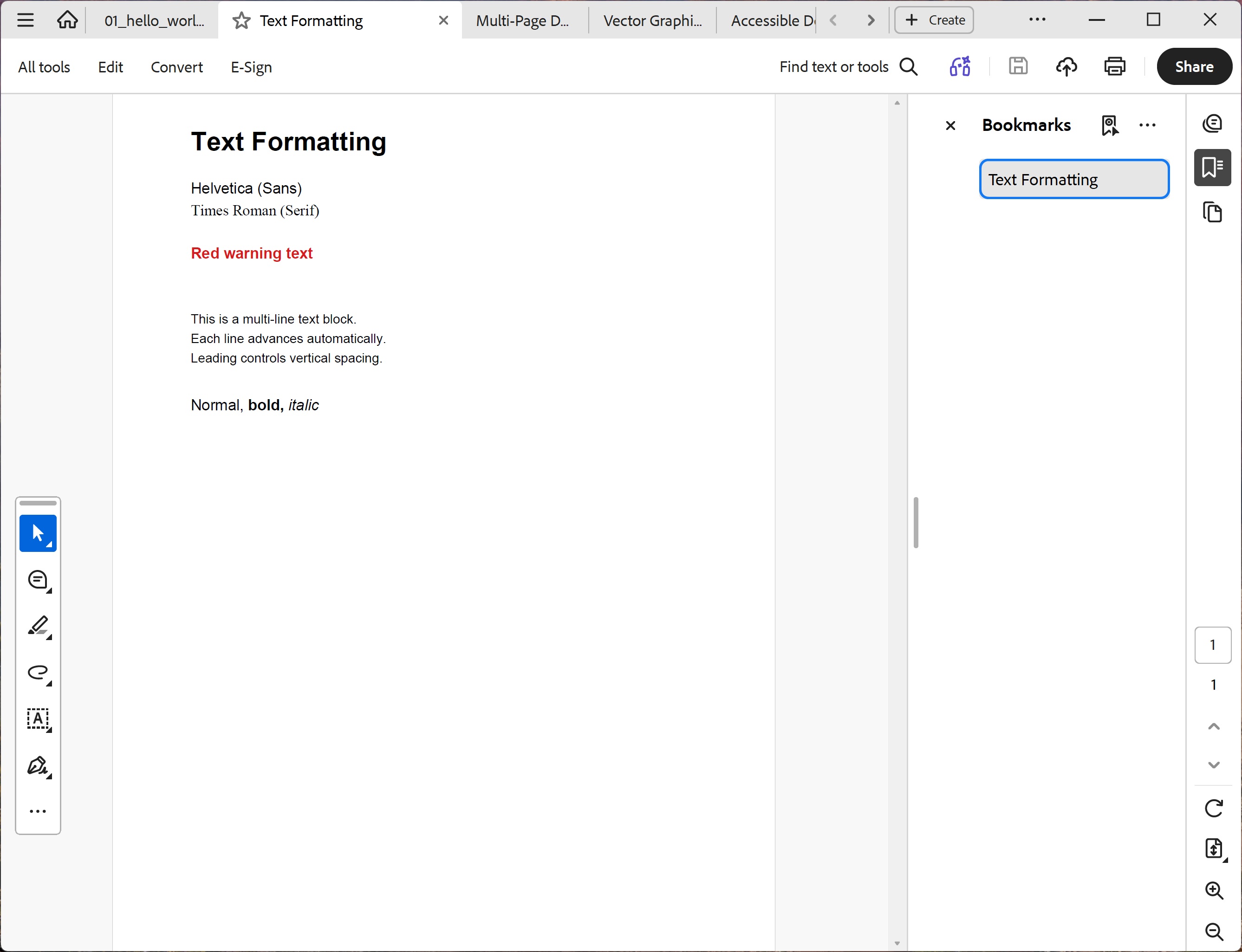 Screenshot of the Text Formatting PDF showing a large bold heading, three lines in Helvetica, Times Roman, and Courier fonts, red and blue coloured text, a multi-line paragraph with 18pt leading, and a mixed-style line with normal, bold, and italic text