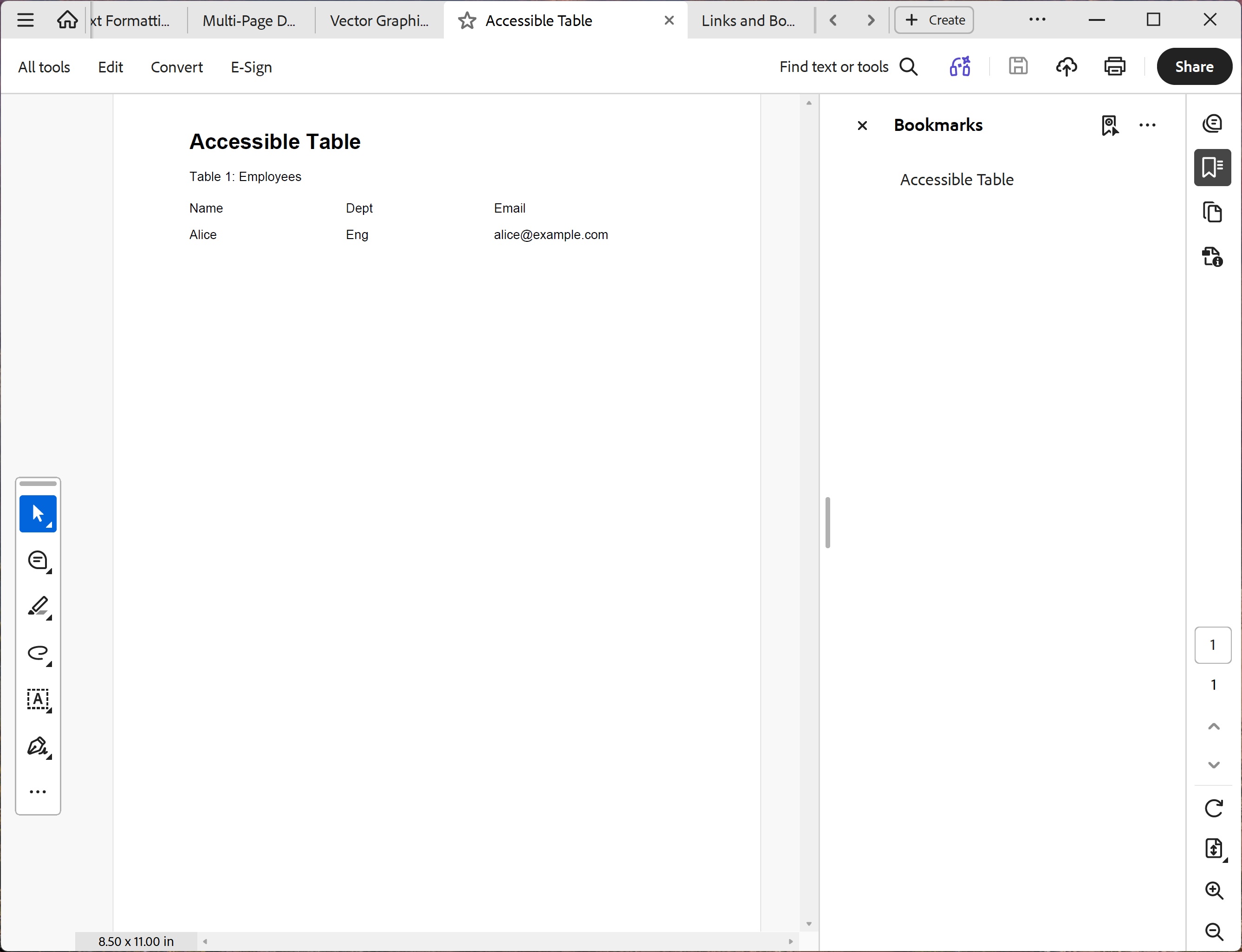 Screenshot of the Accessible Table PDF showing an Employee Directory with blue header row containing Name, Department, and Email columns, three data rows with alternating gray backgrounds, all properly tagged for assistive technology