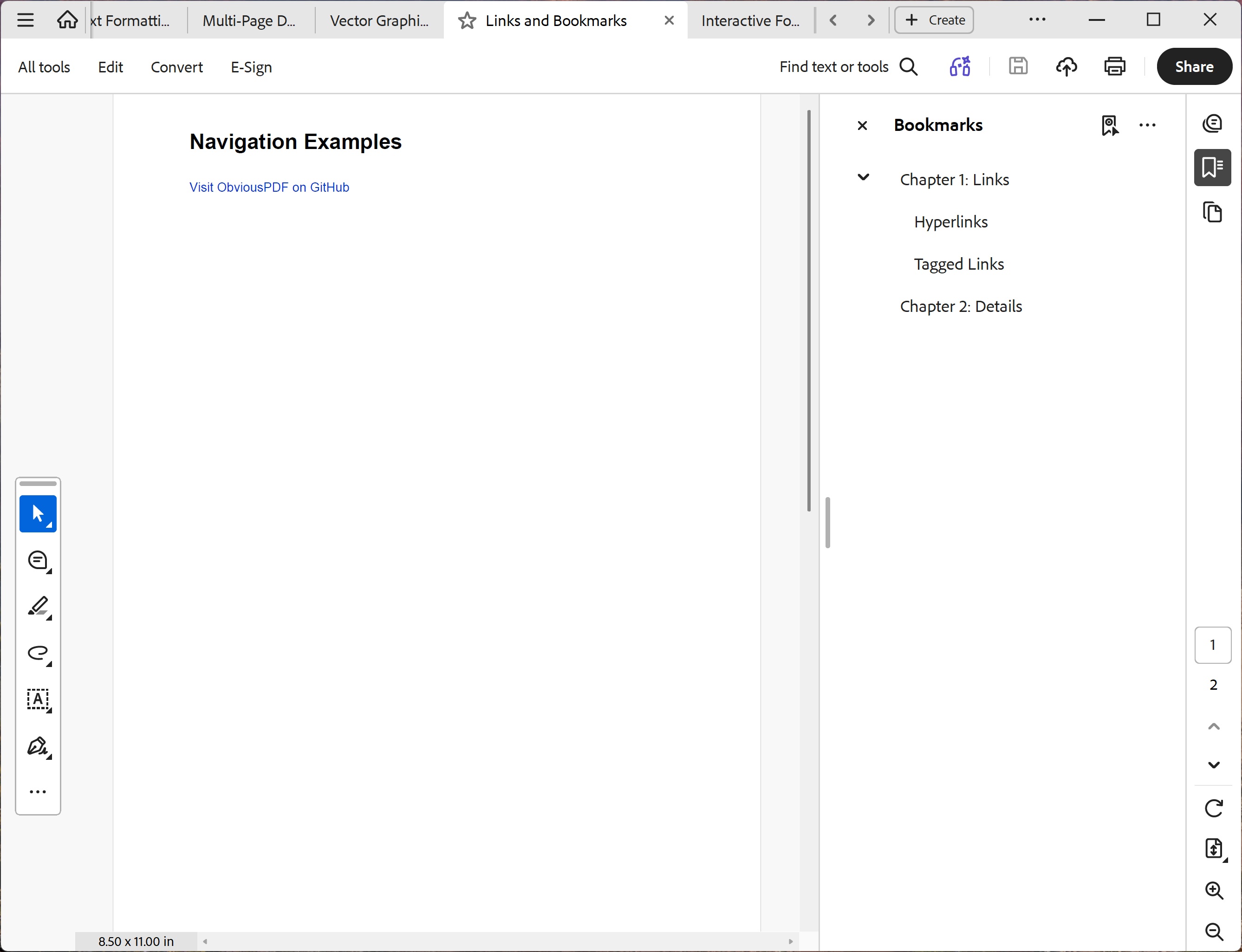 Screenshot of the Links and Bookmarks PDF showing a clickable blue hyperlink text and the PDF viewer's bookmark panel showing Chapter 1 with nested Section entries and Chapter 2