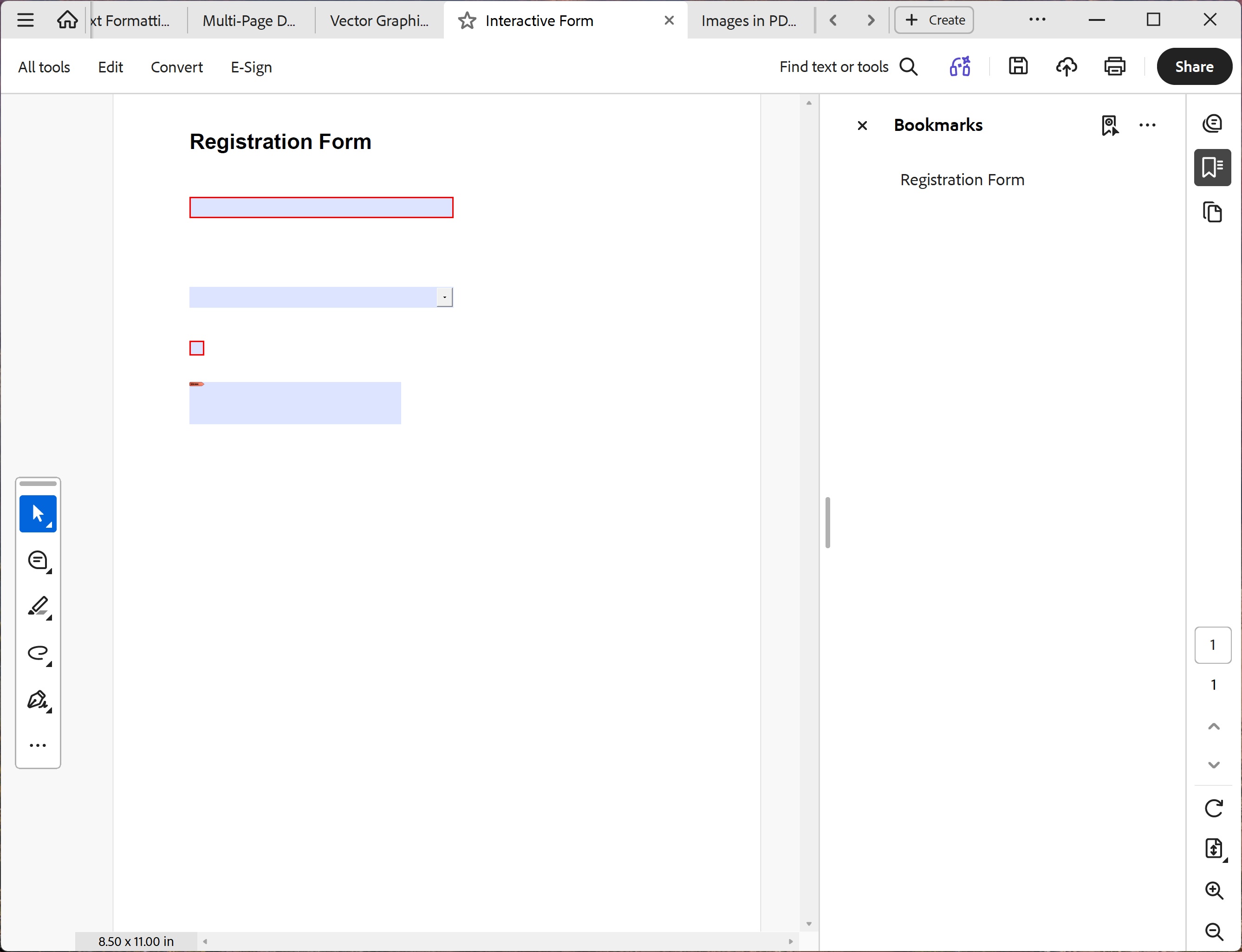 Screenshot of the Interactive Forms PDF showing a Registration Form heading, labeled form fields for Full Name and Email with text input boxes, a Country dropdown selector, a Terms checkbox, and labels — all interactive and fillable in any PDF viewer