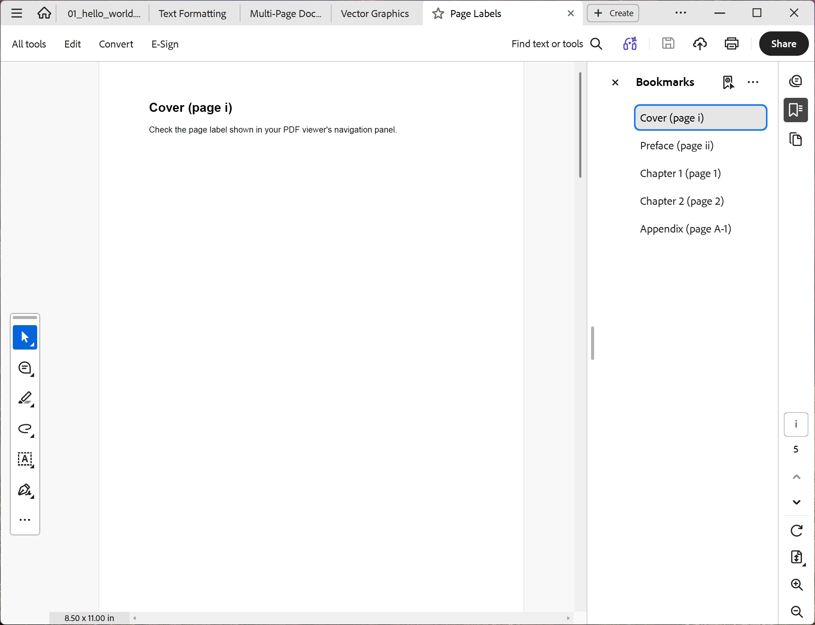 Screenshot of the Page Labels PDF in a viewer showing the page navigation panel with Roman numeral labels (i, ii) for the first two pages, decimal labels (1, 2) for body pages, and prefixed labels (A-1) for the appendix page