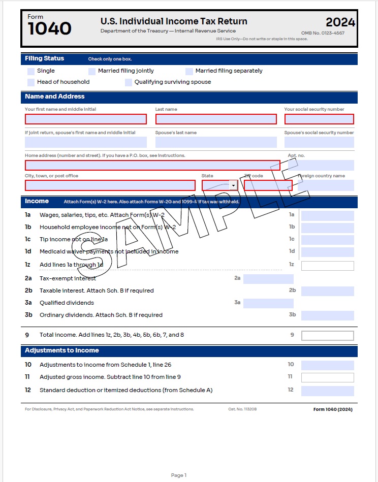 Rendered Form 1040 PDF showing Page 1 with Filing Status, Name and Address, Income, and Adjustments to Income sections with interactive form fields and diagonal SAMPLE watermark