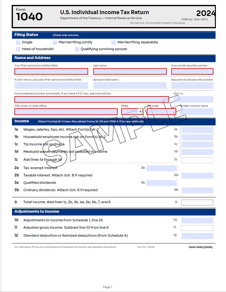Rendered Form 1040 PDF showing Page 1 with Filing Status, Name and Address, Income, and Adjustments to Income sections — rendered from XML with easy accessibility