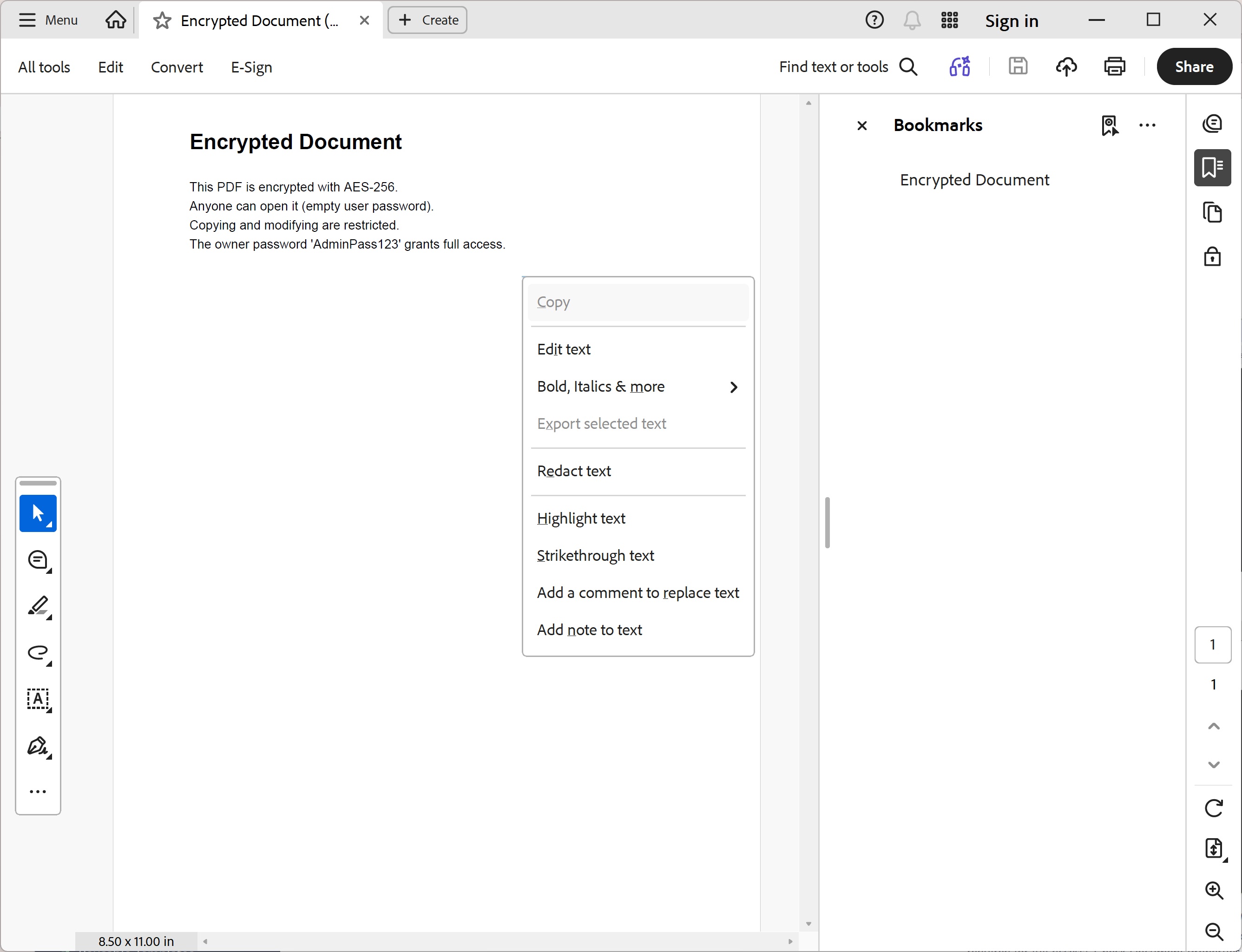 Screenshot of the encrypted PDF in a viewer showing the security padlock icon and a permissions dialog displaying that printing is allowed but copying and modifying are restricted, with AES-256 encryption method indicated