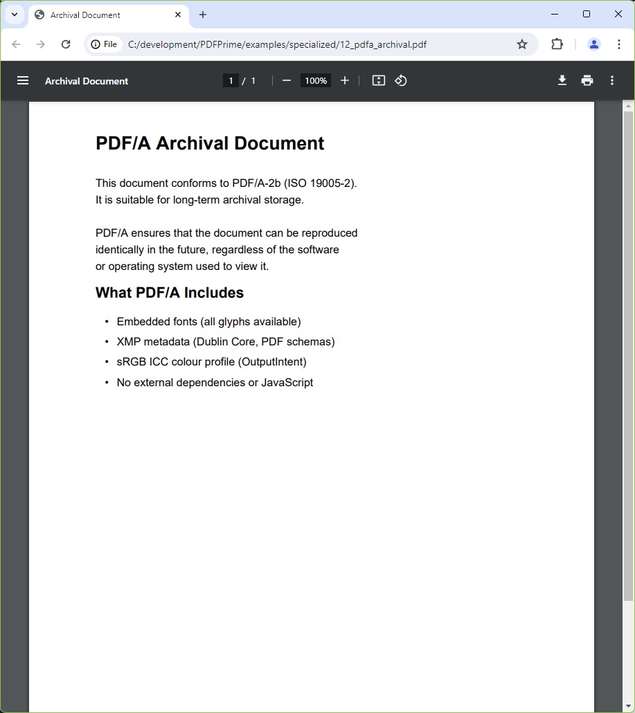 Screenshot of the PDF/A archival document in a viewer showing the PDF/A-2b conformance indicator, with XMP metadata panel open displaying Dublin Core and PDF schema properties, and the document content showing a heading and bulleted list of PDF/A features