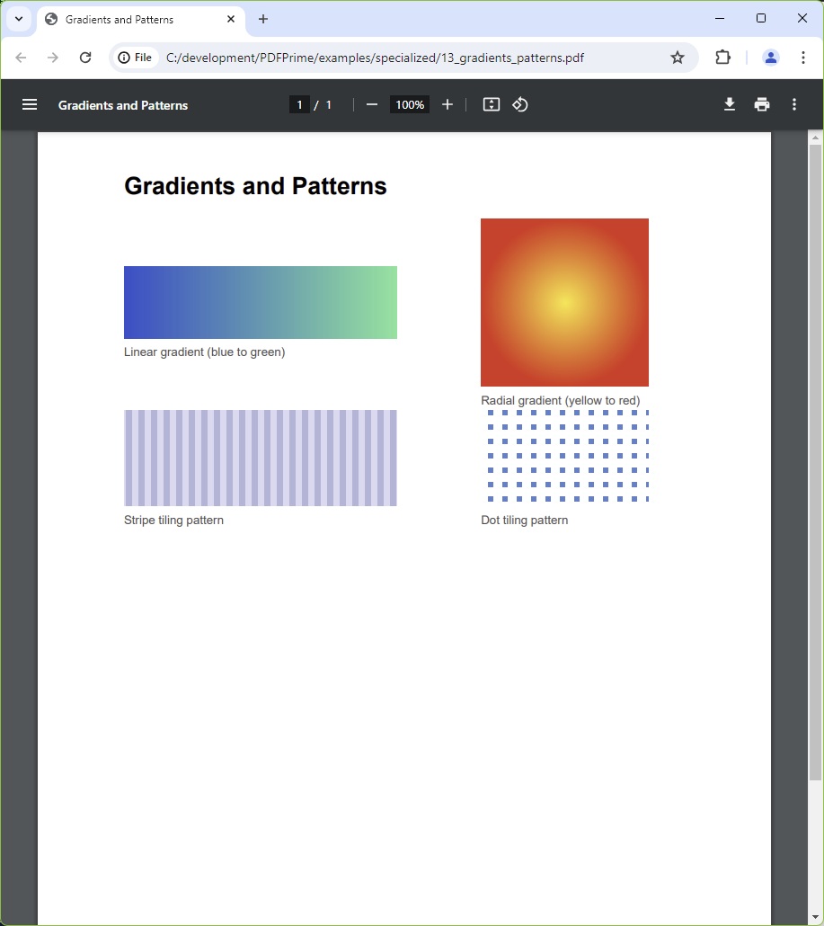 Screenshot of the Gradients and Patterns PDF showing a blue-to-green linear gradient rectangle, a yellow-to-red radial gradient circle, a vertical stripe tiling pattern in purple, and a dot tiling pattern in blue — all as decorative artifact elements