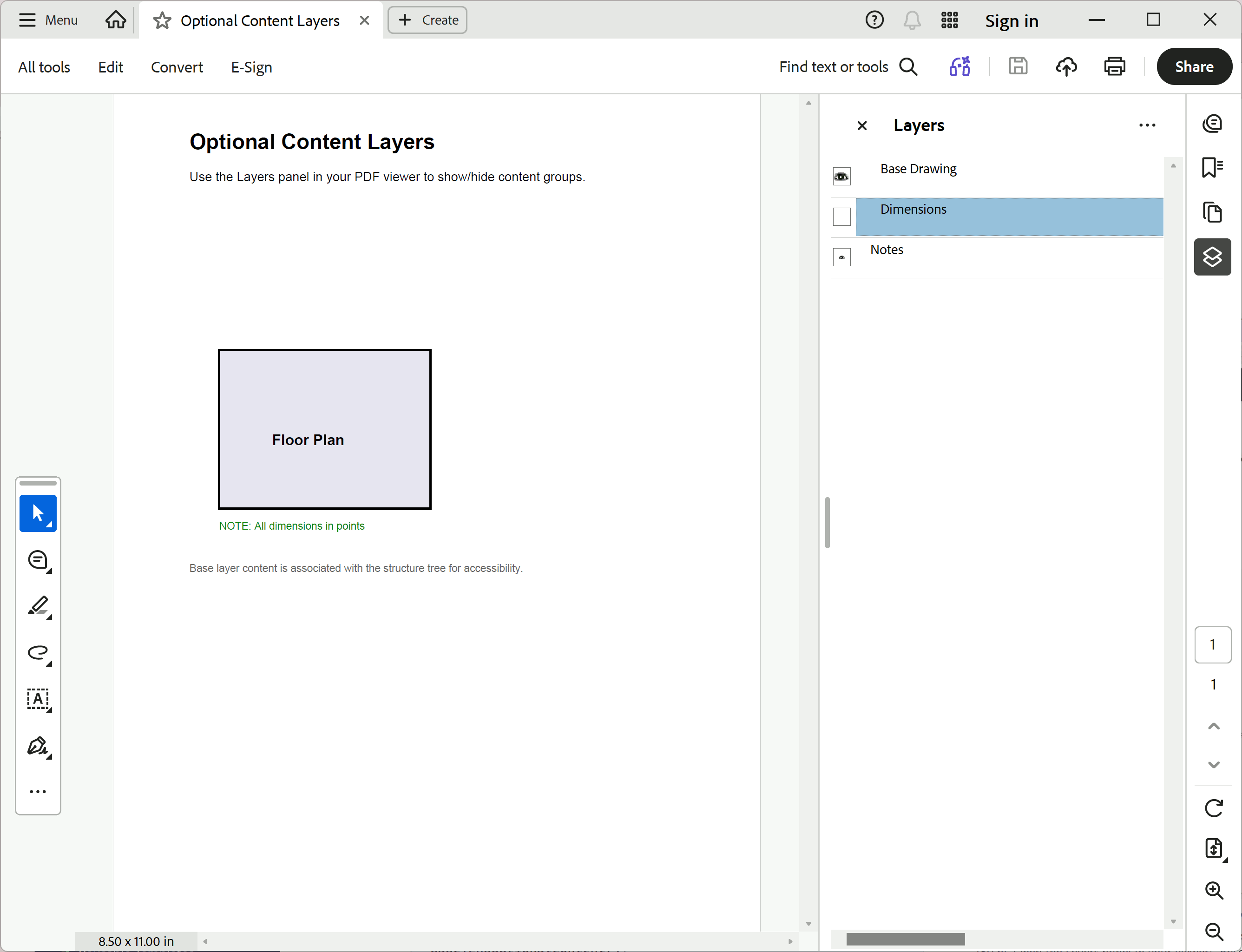 Screenshot of the Layers PDF in a viewer with the Layers panel open showing three toggleable layers: Base Drawing (checked), Dimensions (checked), and Notes (unchecked) — the main content area shows a floor plan rectangle with red dimension lines overlaid