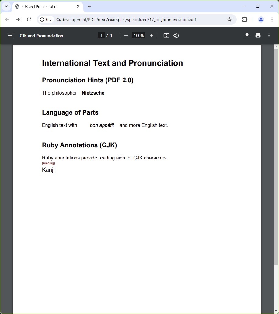 Screenshot of the CJK and Pronunciation PDF showing a pronunciation hint for 'Nietzsche' with IPA phoneme, French text 'bon appétit' with language override, and Ruby annotations showing base text with smaller reading aid text above it