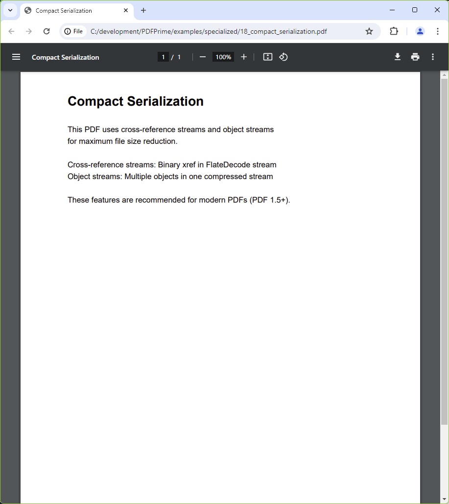 Screenshot comparing two PDF files side by side: the default serialization file at approximately 4.2 KB and the compact serialization file at approximately 2.8 KB, with a green arrow showing the 33% size reduction — both containing identical content
