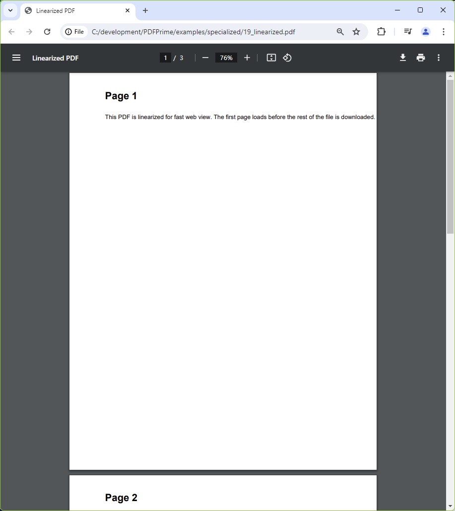 Illustration showing a browser with a PDF loading progressively: Page 1 is fully rendered and readable while a progress bar shows the remaining 4 pages downloading in the background — demonstrating the Fast Web View capability of linearized PDFs